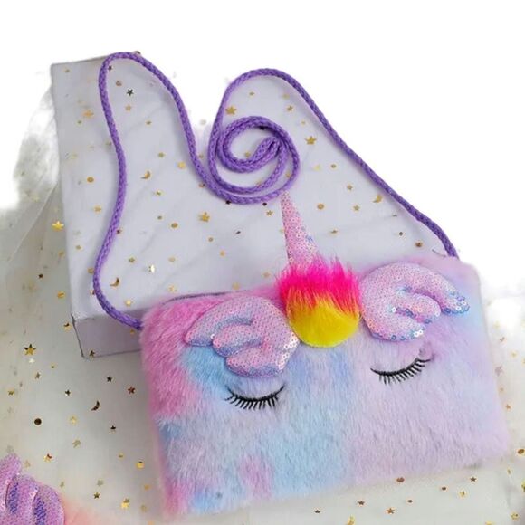 New! Girls Cute Sequin Plush Unicorn Purple Tie Dye Bag!  Fuzzy and Adorable - Picture 1 of 3